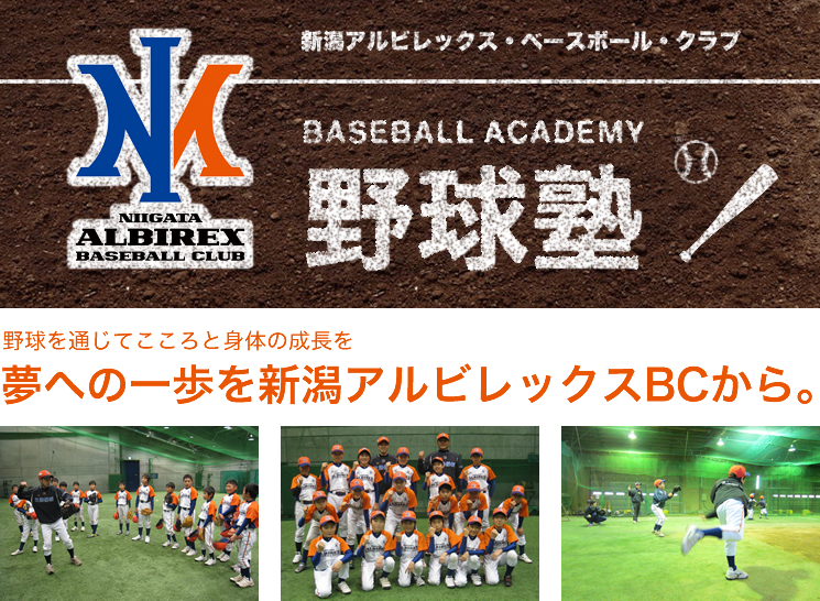 新潟アルビレックス・ベースボール・クラブ野球塾　野球を通じてこころと身体の成長を　夢への一歩を新潟アルビレックスBCから。